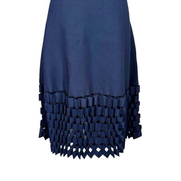 Lela Rose Accordion Lasercut Knit Viscose Fit and Flare Dress in Navy - Picture 5 of 10